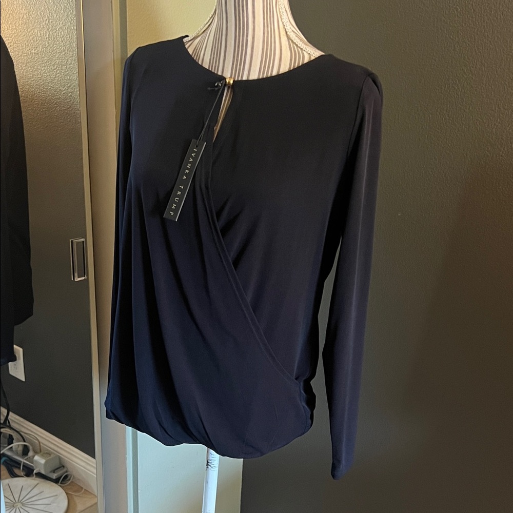 NWT. Ivanka Trump, size M, Navy Draped Blouse, keyhole front, gold tone accent